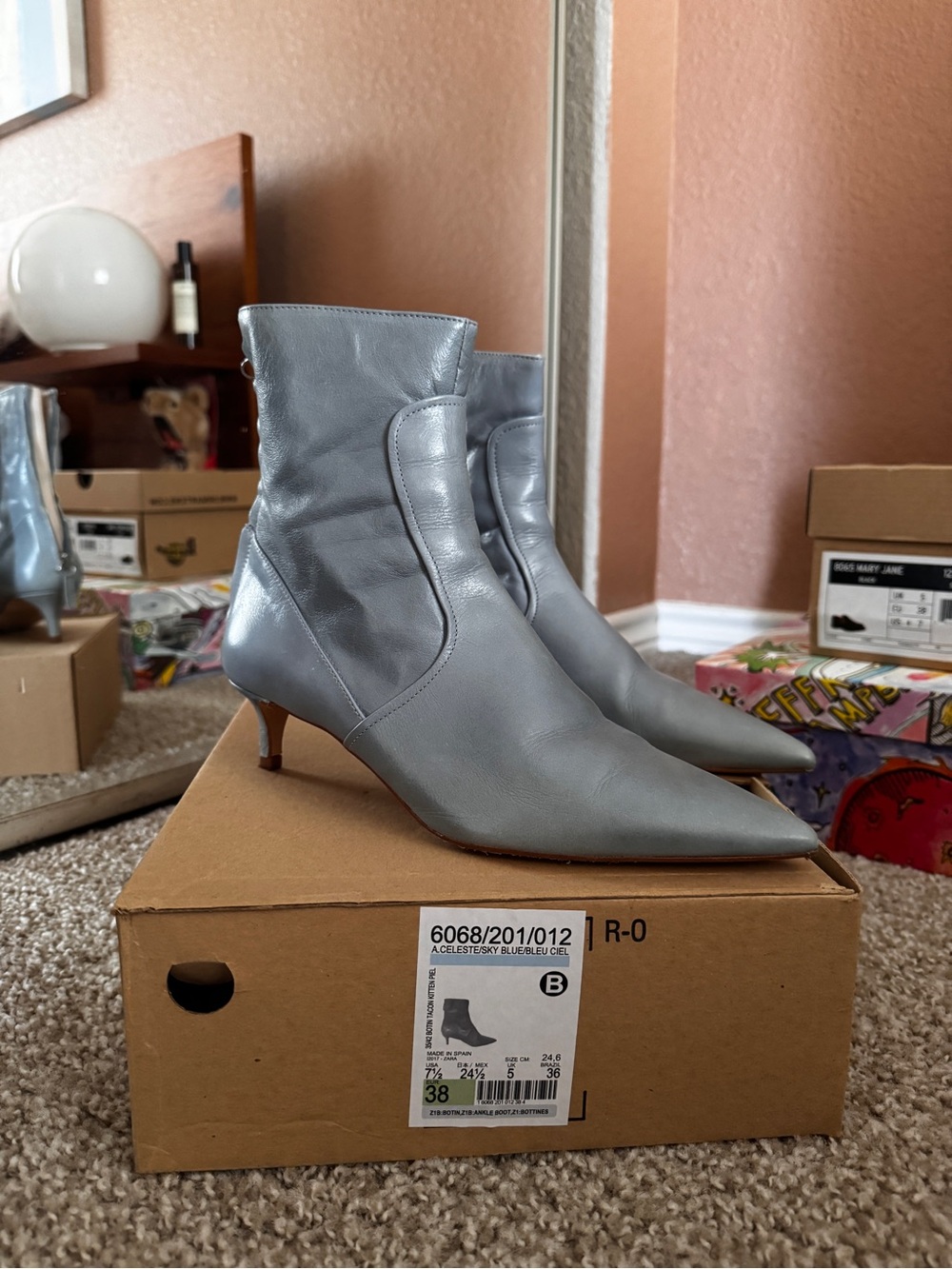 Zara Powder Blue Leather Pointed-Toe Kitten Heel Ankle Boots 7.5